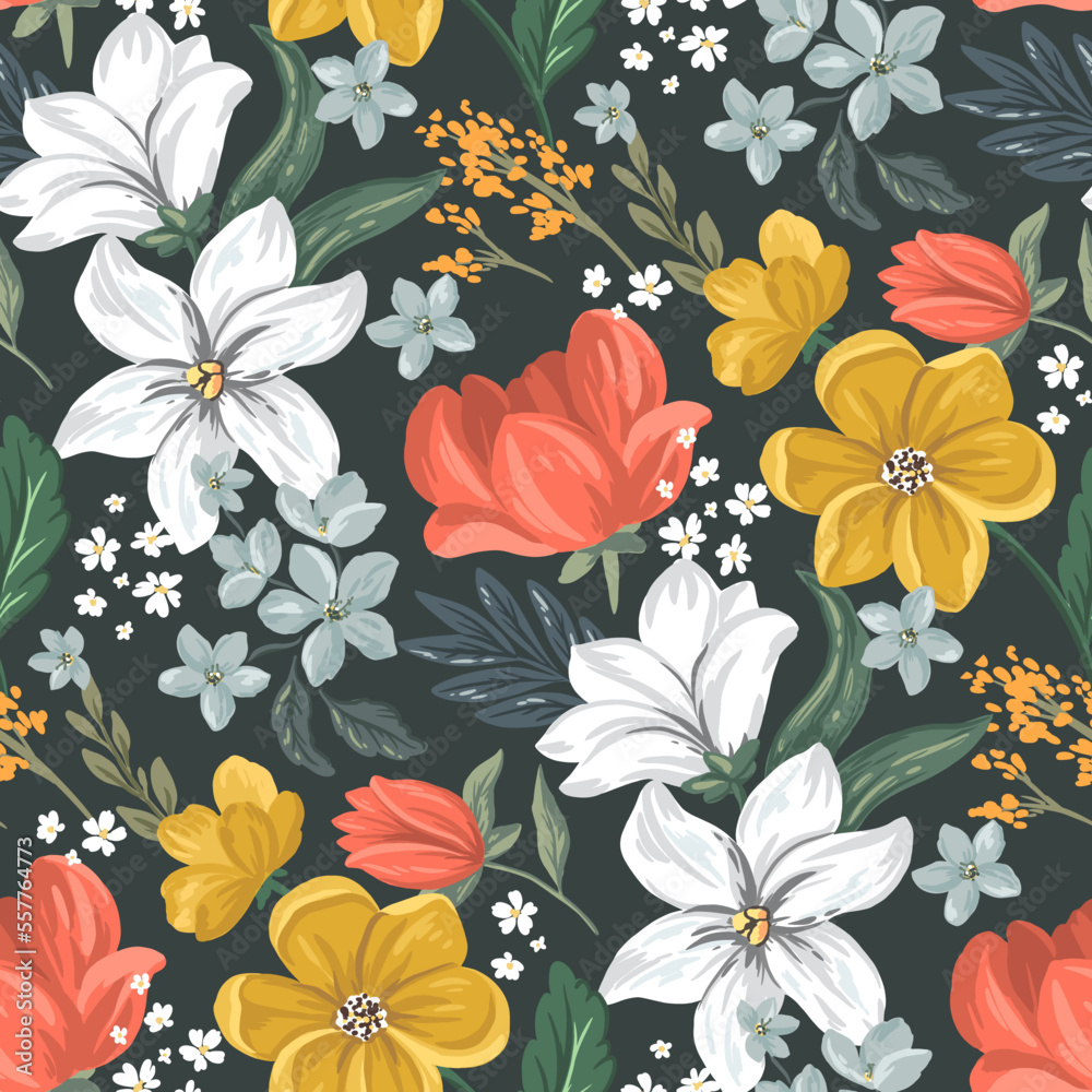 Vintage flowers. Seamless vector pattern with hand drawn illustrations with floral theme