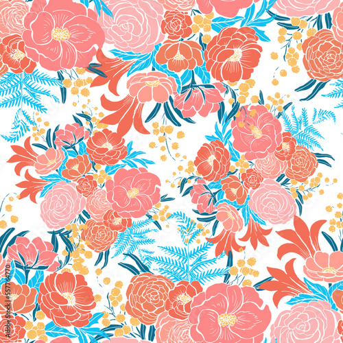Vector hand drawn illustrations of flowers compositions. Seamless pattern with floral theme