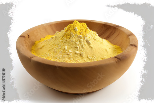 Polenta made of cornmeal in a wooden dish, white background. looking up. Lay flat. Generative AI photo