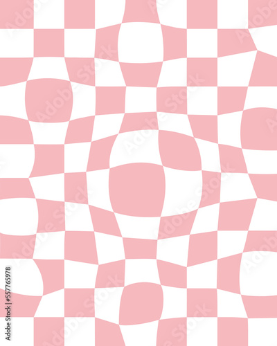 Trippy grid retro distorted chessboard background. Vintage groovy pink abstract geometric pattern for textile. Vector hippie 70s 80s style illustration for poster, flyer, greeting card, banner.