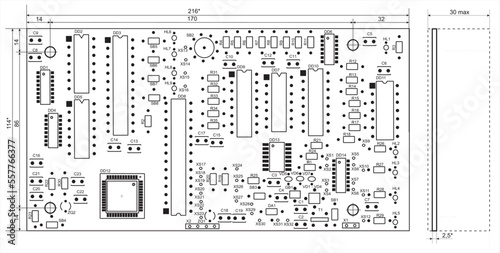 Vector technical drawing. Placement of components on the printed circuit board of an electronic device. Design documentation.