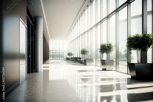 Photo In the backdrop of a hotel or office building lobby, there is a fuzzy inner view of the reception area, a contemporary luxury white room, and a building glass wall window