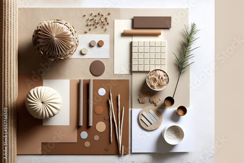 A creative architect's moodboard composition in the form of a flat lay with examples of buildings, beige textiles, and natural materials as well as fashion accessories top view, model. Generative AI photo