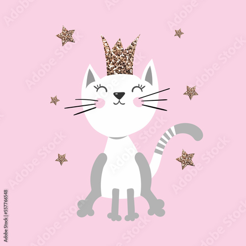 Cute princess cat girl with a glitter crown on pink background