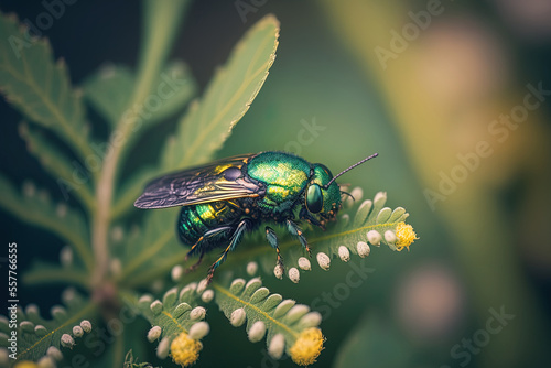 An bug in close up against a hazy green backdrop. Generative AI