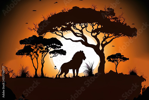 at a savanna woodland  a lion silhouette. Generative AI
