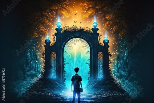 A boy stands in front of a magical passage into a magical world