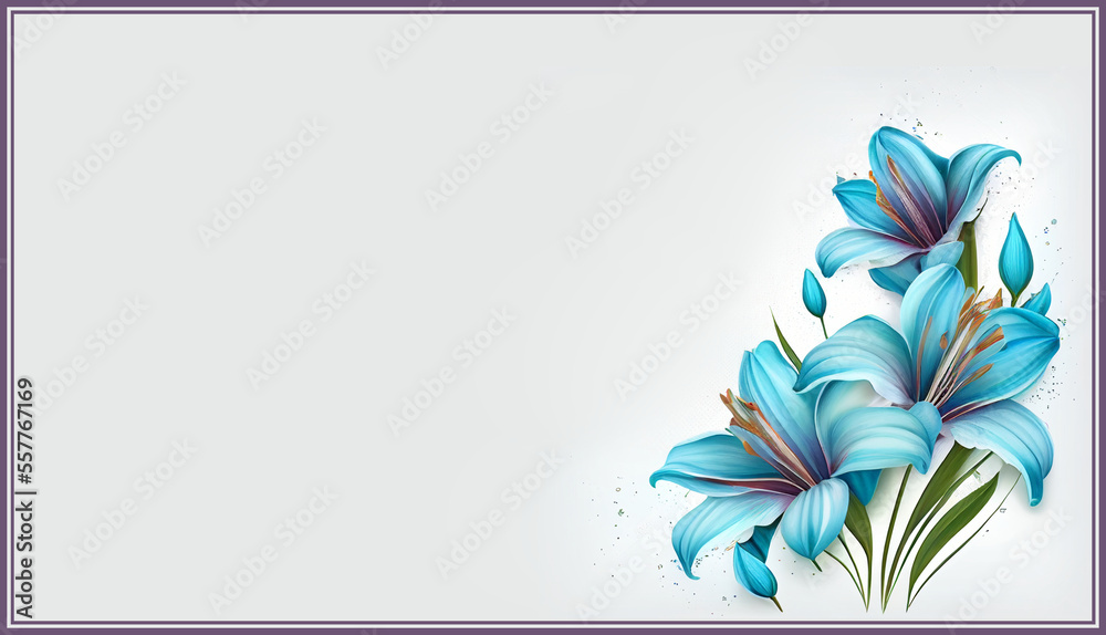 Beautiful framed flower background/wallpaper, blue lilies, with white  space, generative ai, digital art Stock Illustration