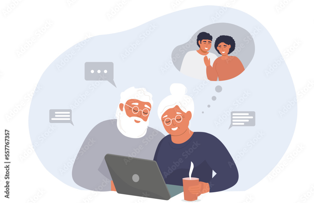 An elderly couple is sitting at a laptop, communicating virtually with children online. Old people at the computer. Vector graphics.