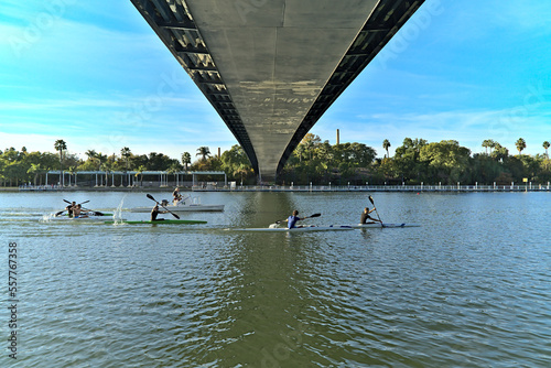 A group of paddler on the Guadalquivir river in Sevilla