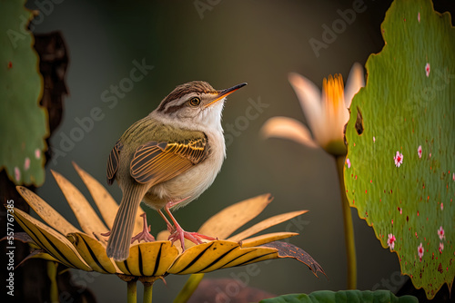 Prinia inornata Plain on Lotus Flower. Generative AI photo