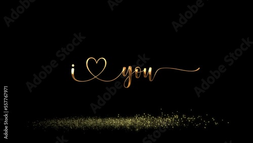 I love you animation with gold handwritten text bouncing and falling particles on sparkling floor on black and green screen background perfect for greeting someone you love.