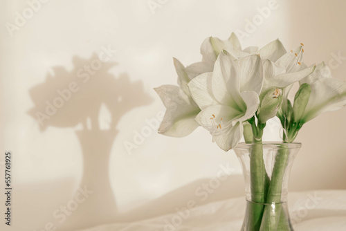 Fototapeta Bouquet of lilies in a glass vase in the interior of the room.