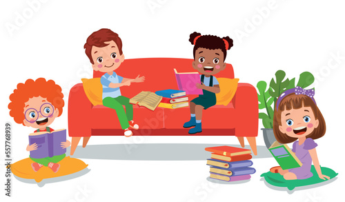 children sitting on sofa reading a book