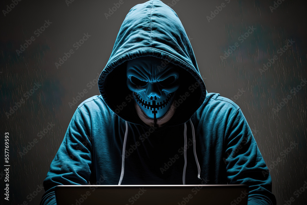 a terrifying hacking and malware concept featuring a portrait of an unidentified hacker sitting with his head tilted and wearing a mask. Generative AI a terrifying hacking and malware concept featuring a portrait of an unidentified hacker sitting with his head tilted and wearing a mask. Generative AI