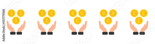 Set Of Hand holding coins icon.Dollar ,Bitcoin,Euro,Ethereum,Pound. Vector Illustration