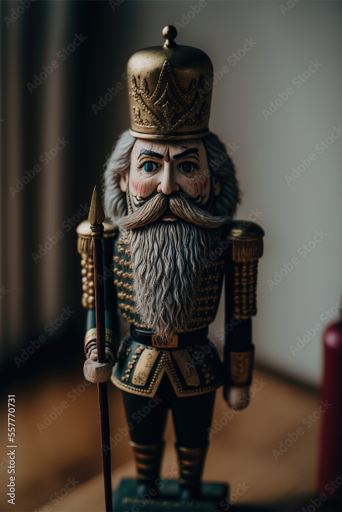 Nutcracker figurine with a bayonnette and grey beard, intricate details, close-up shot. Christmas theme. Nutcracker figurine with a bayonnette and grey beard, intricate details, close-up shot. Christmas theme.