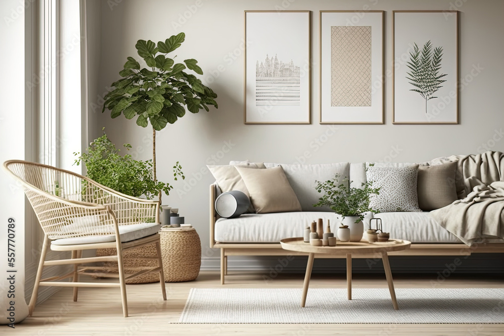 Naklejka premium Scandinavian living room design with wood natural furniture, interior wall mock up, illustration. Generative AI