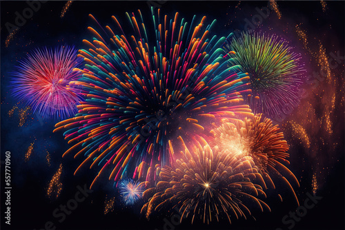 Colorful fireworks, bright lights in the night sky. For celebrations, events, new year's eve, 4th of july, etc. Graphic resource for cards, articles or ads. 