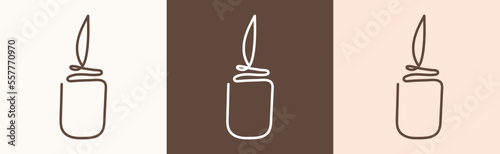 Set of one line candle logo. Vector sketch illustration. Template design. Romantic background. Brown neutral colors. Vector illustration
