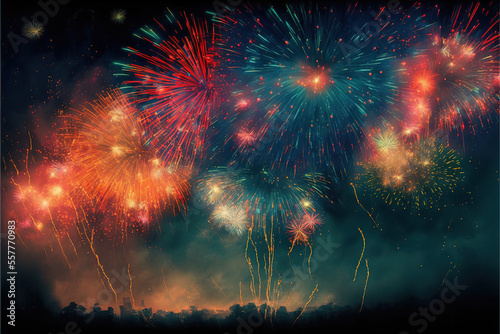 Colorful fireworks, bright lights in the night sky. For celebrations, events, new year's eve, 4th of july, etc. Graphic resource for cards, articles or ads. 