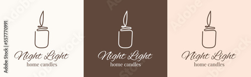 Set of one line candle logo Night light home candle. Vector sketch illustration. Template design. Romantic background. Brown neutral colors. Vector illustration