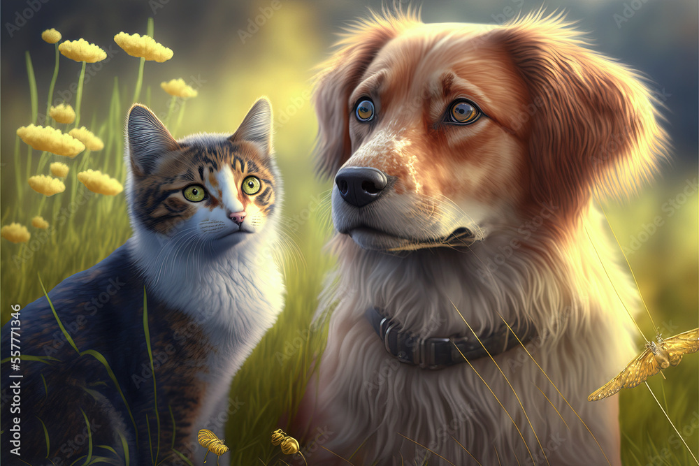 Dog and cat sitting side by side on a meadow. AI generated