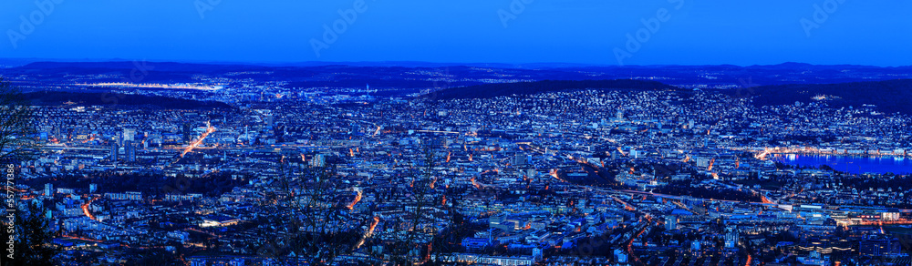 Panorama of the finance center city Zürich in blue hours viewd from the Uetliberg