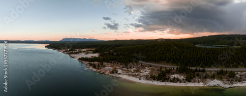 Beautiful evening view of the Yellowstone National Park over massive lake at sunset.