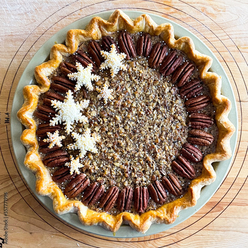 Baked Pecan Pie with Crimped Edge and Snowflake Cut-outs