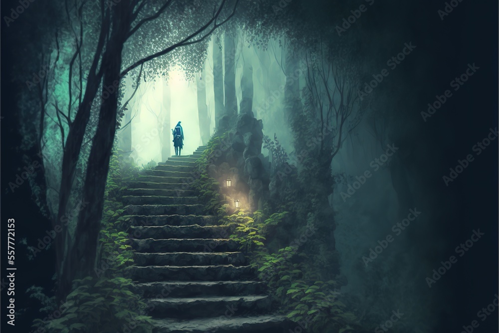 A man climbs a ladder in a mystical forest