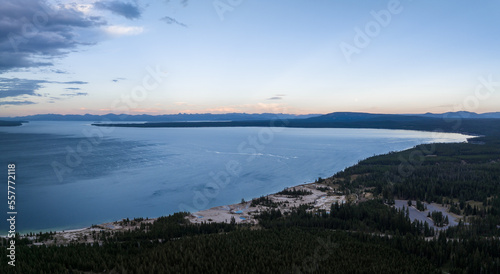 Beautiful evening view of the Yellowstone National Park over massive lake at sunset.