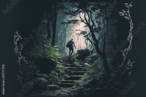 A man climbs a ladder in a mystical forest © Анастасия Птицова