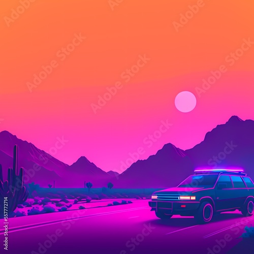 a car is parked in the desert with a cactus and a sunset in the background, with a pink sky AI