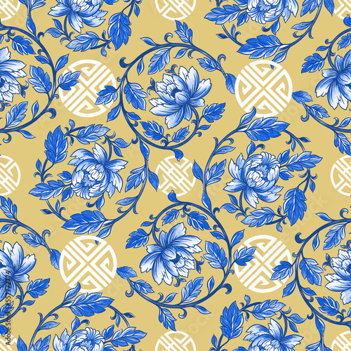 Seamless pattern with curly floral ornament with chinoiserie theme. Hand drawn digital illustration of blue flowers