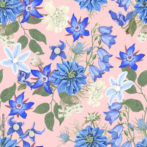 Blue and white flowers on blush pink background. Seamless pattern with hand dawn digital illustrations on floral theme