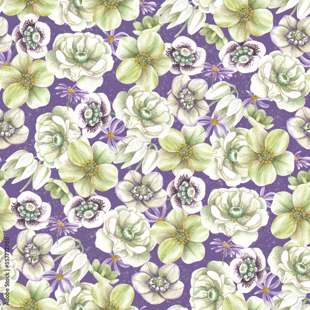 White blossom flowers. Seamless pattern with watercolor illustrations on purple background