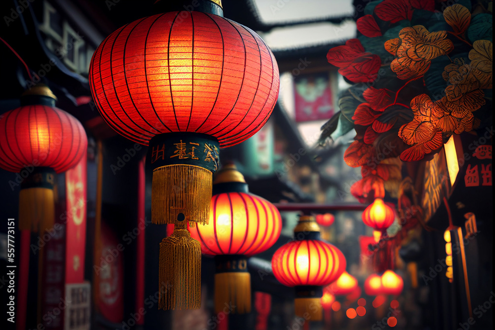 Lanterns hanging in the temple made by Generative AI
