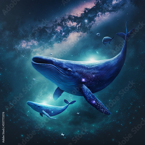 Whales swim in space, AI generation