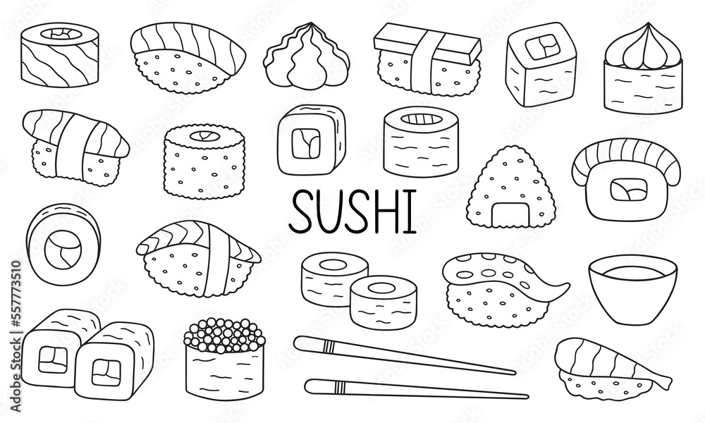 Sushi and rolls doodle set. Japanese food in sketch style. Hand drawn vector illustration isolated on white background
