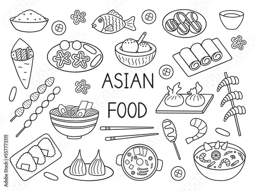 Asian food doodle set. Asian cuisine in sketch style. Hand drawn vector illustration isolated on white background