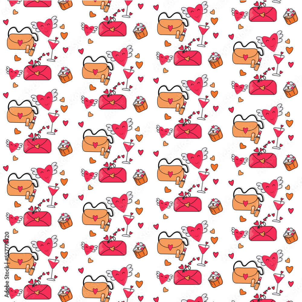 pattern with valentine, small hearts, cocktail add lipstick in pink-orange colors pattern with valentine, small hearts, cocktail add lipstick in pink-orange colors