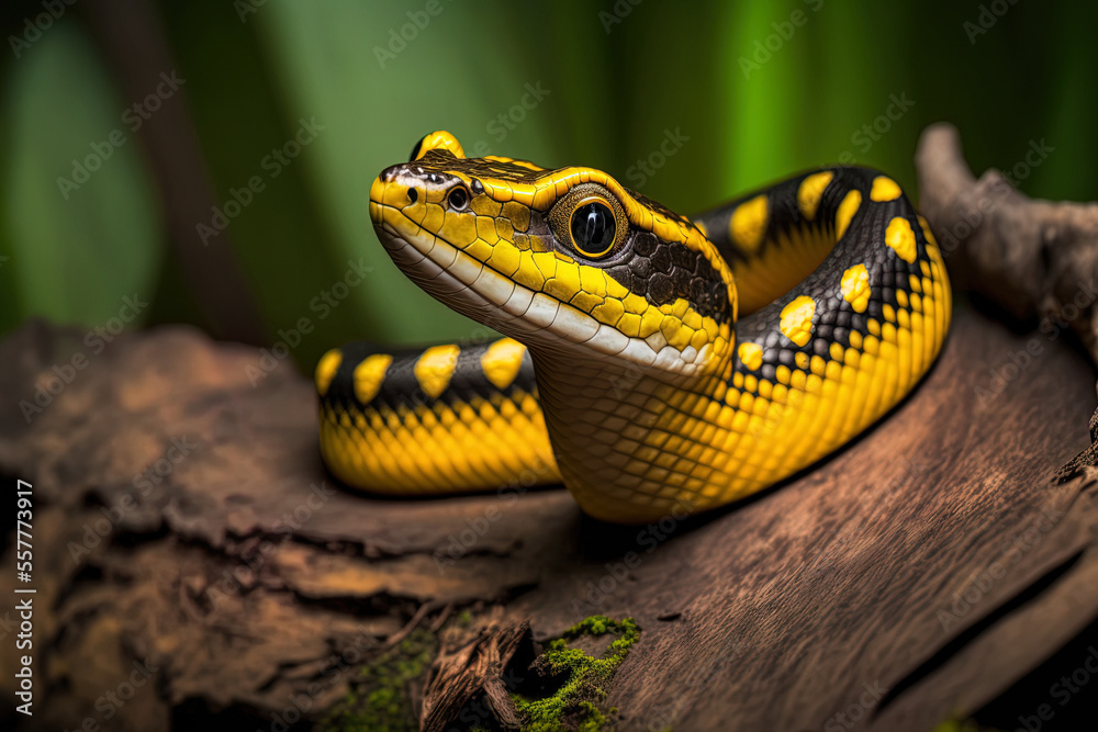 Obraz premium Yellow ringed dendrophila boiga on wood. Generative AI