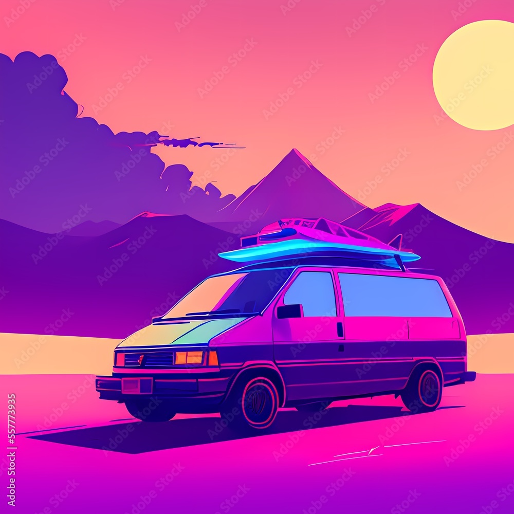a van with a surfboard on top of it parked in front of a mountain range at sunset with a pink sky AI