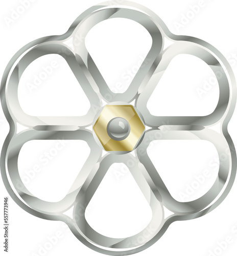 One metallic bronze hexagonal valve with bolt on top view isolated illustration, tap handle with six sections photo