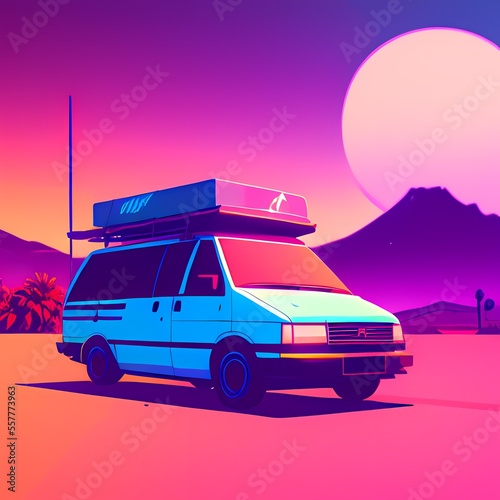 a van with a surfboard on top of it parked in a desert area with a mountain in the background AI