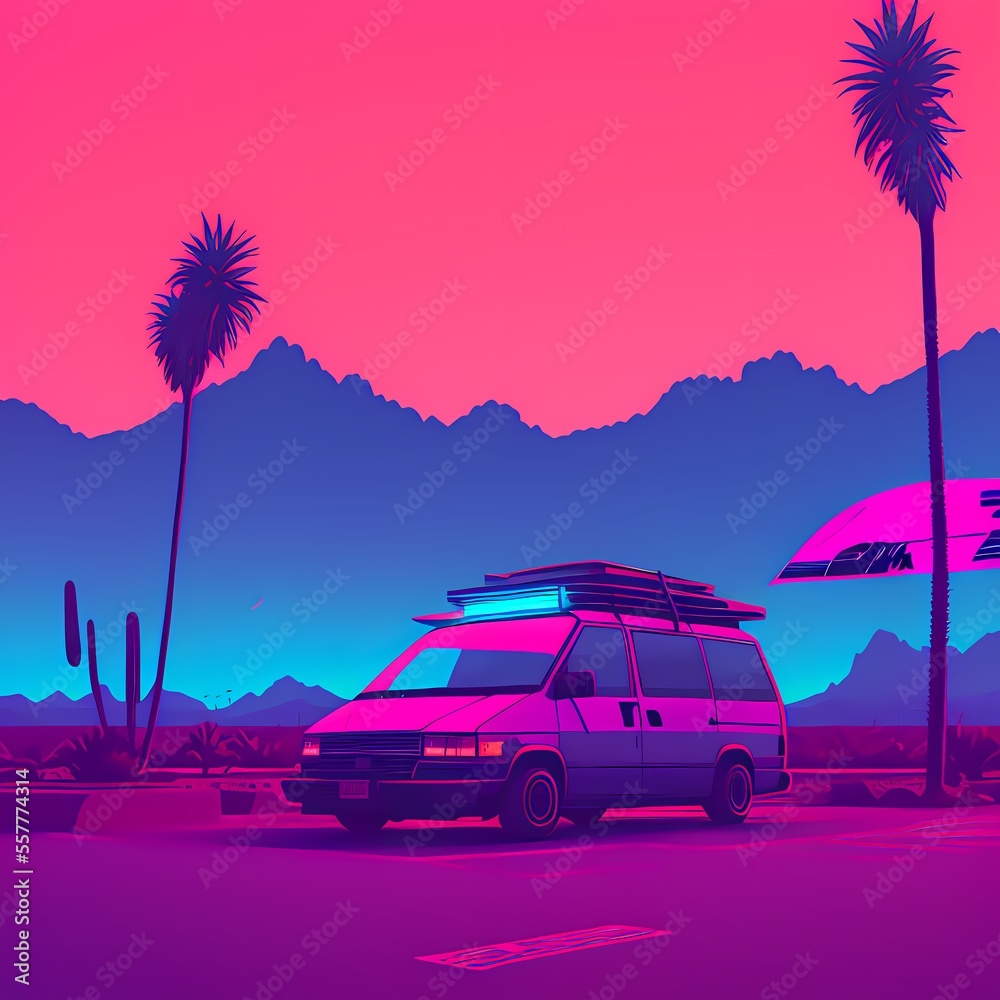 a van parked in front of a palm tree with a surfboard on top of it's roof AI