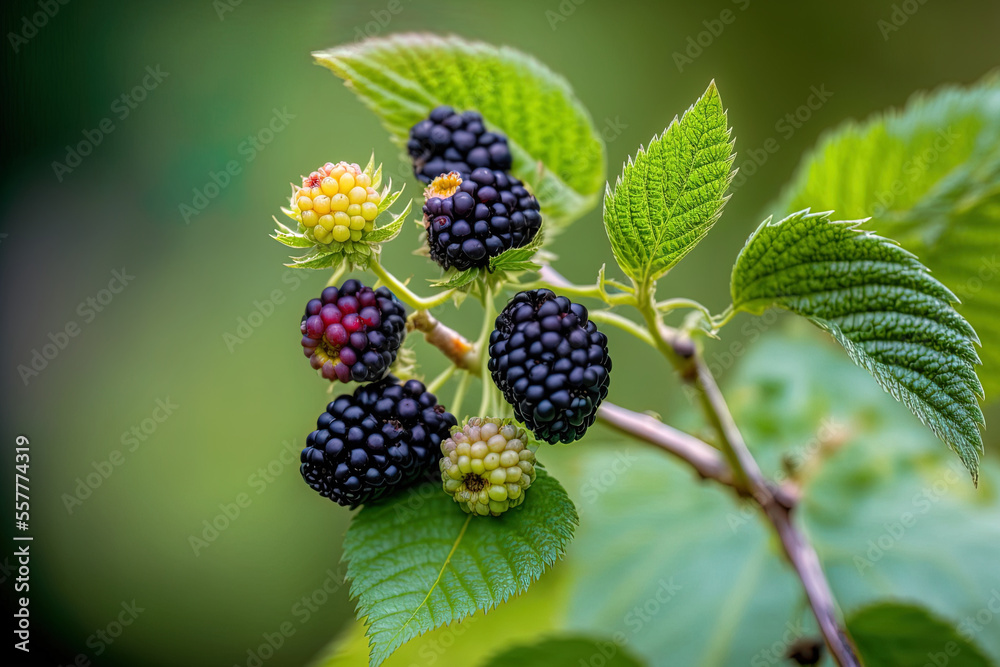 Blackberries in season in the garden. a branch with green leaves holding a cluster of juicy blackberry berries. Stunning natural setting. Generative AI Blackberries in season in the garden. a branch with green leaves holding a cluster of juicy blackberry berries. Stunning natural setting. Generative AI
