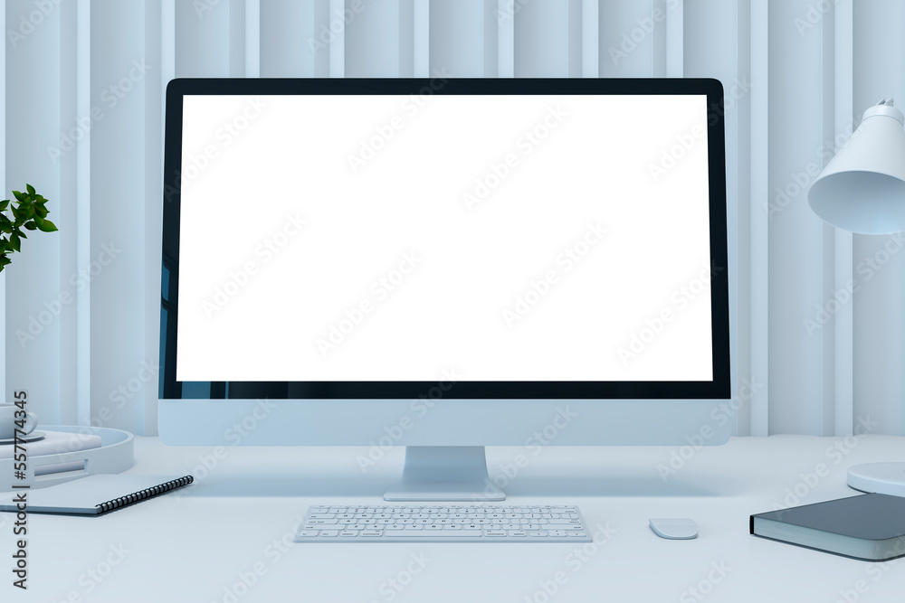 Front view on blank white modern computer monitor with place for your logo or text on light shadows wall background. 3D rendering, mockup