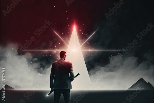 a man with a gun stands in the illuminated fog © Анастасия Птицова